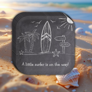 Chalkboard A Little Surfer Baby Shower Paper Plates