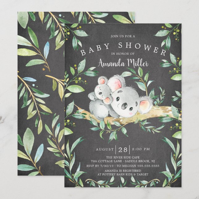 Chalkboard Adorable Koala Bear Baby Shower Invitation (Front/Back)