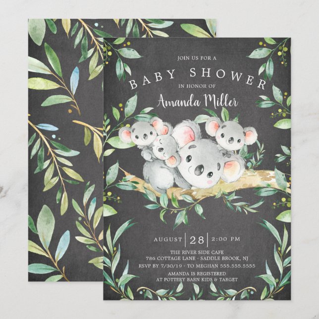Chalkboard Adorable Koala Bear Triplet Baby Shower Invitation (Front/Back)