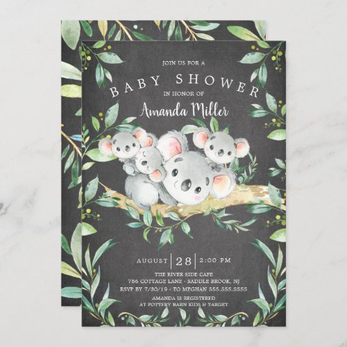 Chalkboard Adorable Koala Bear Triplet Baby Shower Invitation