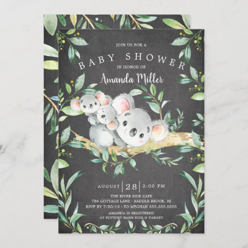 Chalkboard Adorable Koala Bear Twins Baby Shower Invitation