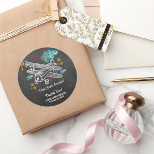 Chalkboard Adventure Awaits Airplane Baby Shower Classic Round Sticker