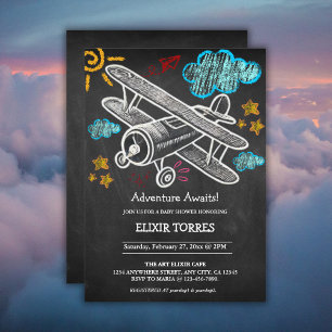 Chalkboard Adventure Awaits Airplane Baby Shower Invitation