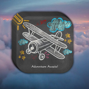 Chalkboard Adventure Awaits Airplane Baby Shower Paper Plates