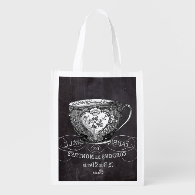 Chalkboard Alice in Wonderland tea party teacup Grocery Bag (Front)