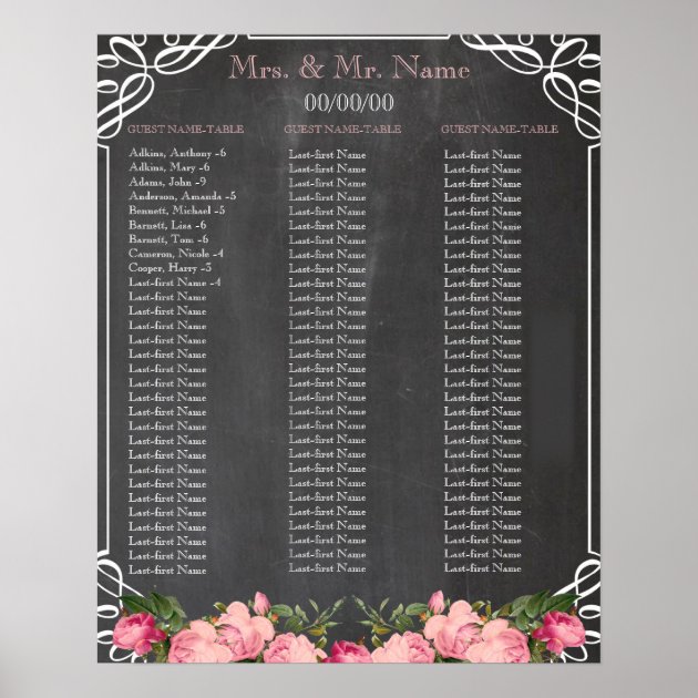 Chalkboard Alphabetical Seating Chart Poster