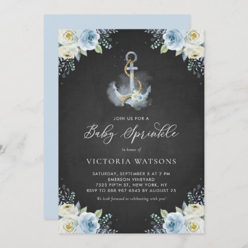 Chalkboard Anchor and Blue Flowers Baby Sprinkle Invitation