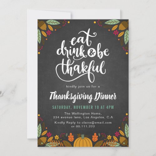 chalkboard and foliage script thanksgiving dinner invitation