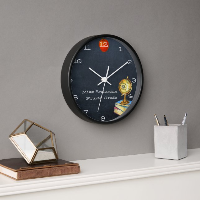 Chalkboard and Globe Personalized Teacher Clock (Office)