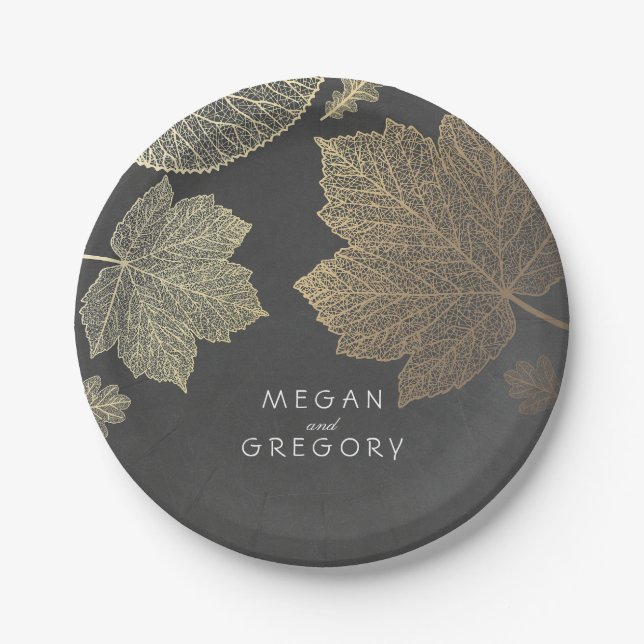 Chalkboard and Gold Fall Leaves Wedding Paper Plates (Front)