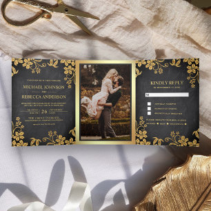 Chalkboard and Gold Foil Floral Leaves Wedding Tri-Fold Invitation