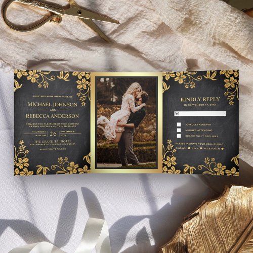 Chalkboard and Gold Foil Floral Leaves Wedding Tri_Fold Invitation