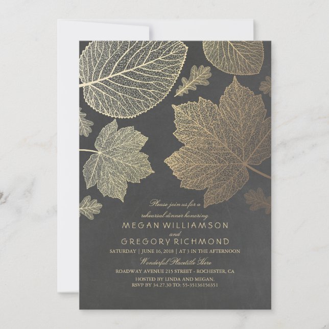 Chalkboard and Gold Leaves Fall Rehearsal Dinner Invitation (Front)