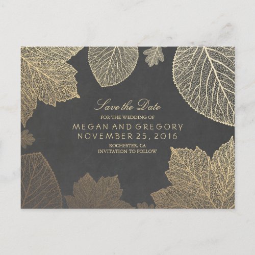 chalkboard and gold leaves fall save the date announcement postcard