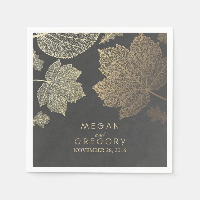 Chalkboard and Gold Leaves Fall Wedding Paper Napkins (Front)