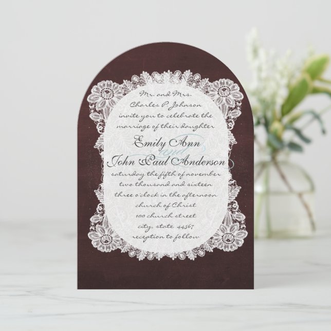 Chalkboard and Lace Deep Burgundy Wedding Invitation (Standing Front)