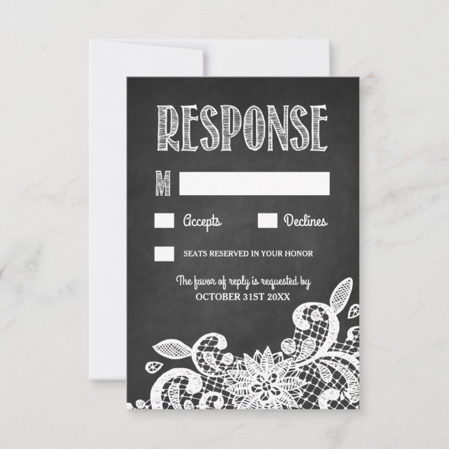 Chalkboard and Lace Rustic Wedding RSVP Cards (Front)