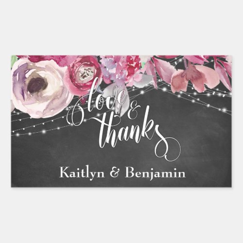 Chalkboard and Lights Pink Flowers Love  Thanks Rectangular Sticker