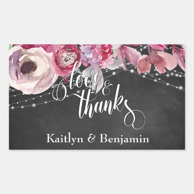 Chalkboard and Lights, Pink Flowers Love & Thanks Rectangular Sticker (Front)