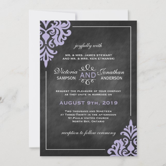 Chalkboard and Lilac Damask Wedding Invitations (Front)