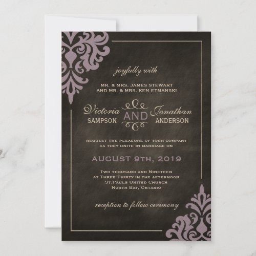 Chalkboard and Lilac Damask Wedding Invitations