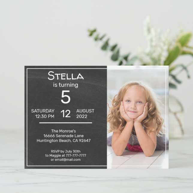 Chalkboard and Photo Birthday Party Invitation (Standing Front)