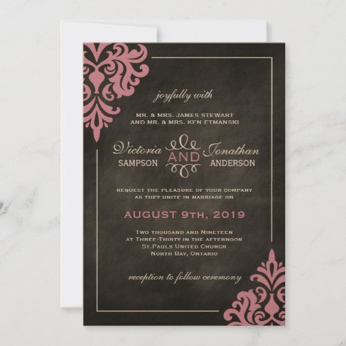 Chalkboard and Pink Damask Wedding Invitations