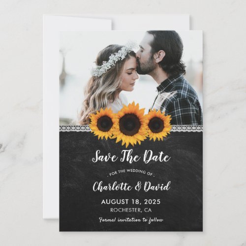 Chalkboard and Sunflower Save The Date Photo Cards