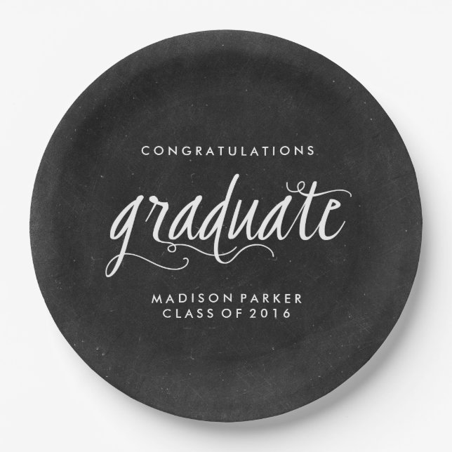 Chalkboard and Trendy Calligraphy Graduation Paper Plates (Front)