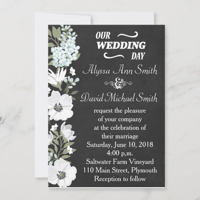 Chalkboard and White Anemone Floral Wedding Invita Invitation (Front)