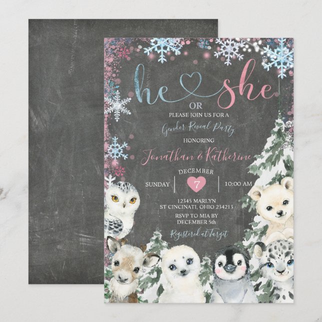 Chalkboard Animal Gender Reveal Snowflakes Invitation (Front/Back)