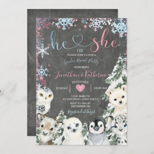 Chalkboard Animal Gender Reveal Snowflakes Invitation