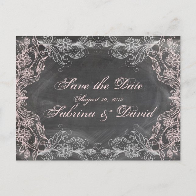 Chalkboard Antique Pink Floral Save the Date Post Announcement Postcard (Front)