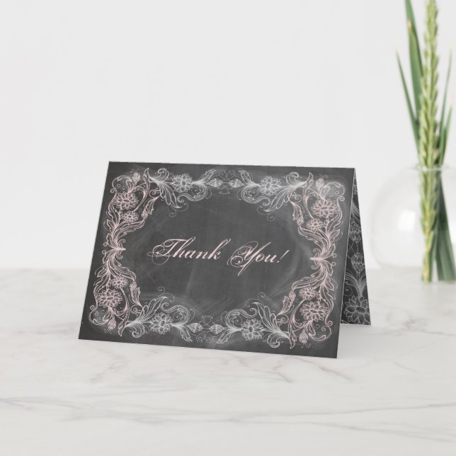 Chalkboard Antique Pink Floral Thank You Card (Front)