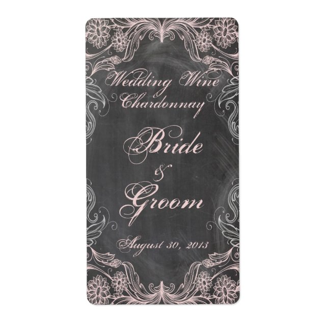 Chalkboard Antique Pink Floral  Wedding Wine Label (Front)