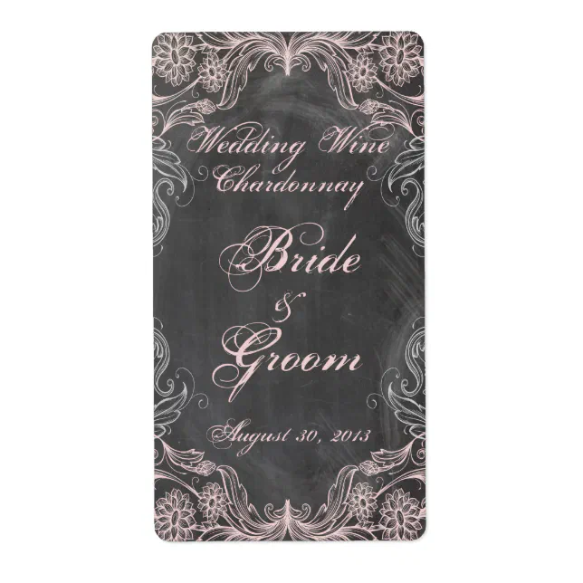 Chalkboard Antique Pink Floral Wedding Wine Label | Zazzle
