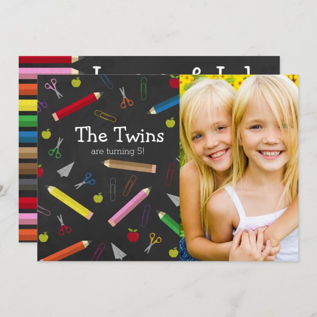 Chalkboard Apple Pencil Crayons Birthday Twins Invitation (Front/Back)