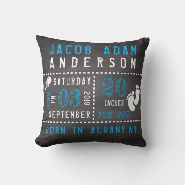 Chalkboard Baby Boy Birth Announcement Throw Pillow (Front)