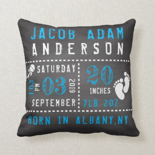 Chalkboard Baby Boy Birth Announcement Throw Pillow