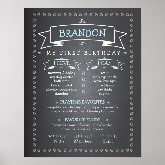 Chalkboard Baby First Birthday Milestone Board Poster (Front)
