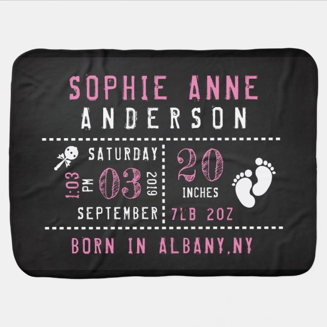 Chalkboard Baby Girl Birth Announcement Baby Blanket (Horizontal)