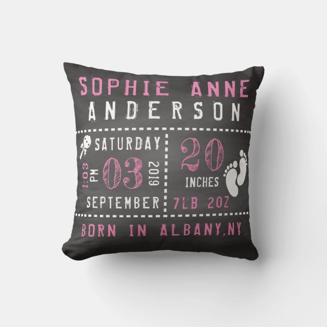 Chalkboard Baby Girl Birth Announcement Throw Pillow (Front)