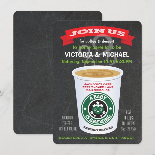 Chalkboard Baby is Brewing Coffee Baby Shower Invitation (Front/Back)