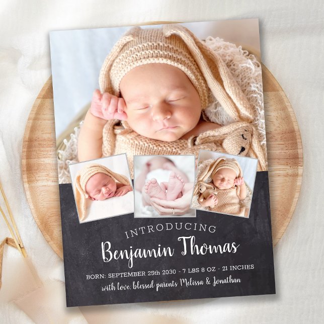 Chalkboard Baby Personalized 4 Photo Collage Birth Announcement Postcard (Creator Uploaded)