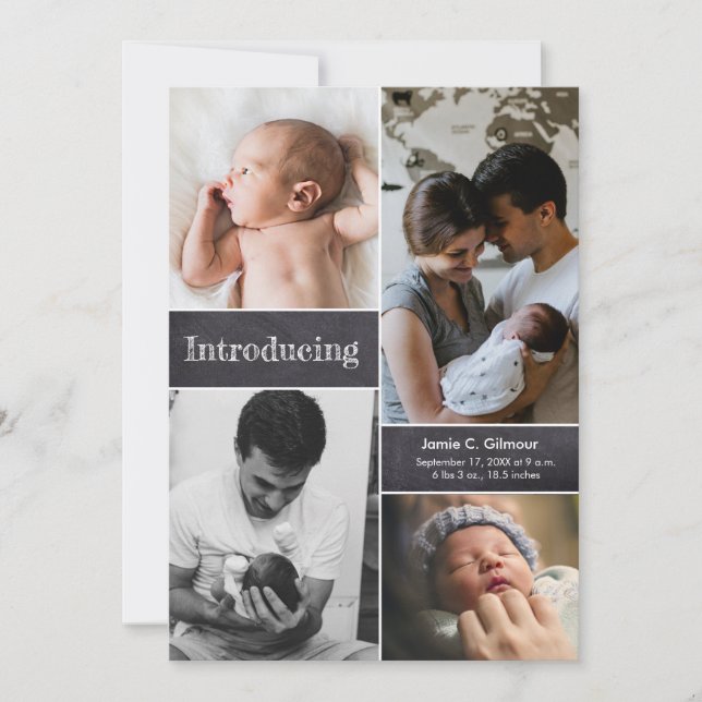 Chalkboard Baby Photo Collage Introducing Newborn Announcement (Front)