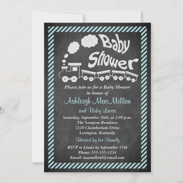 Chalkboard Baby Shower Train Invite - Blue (Front)