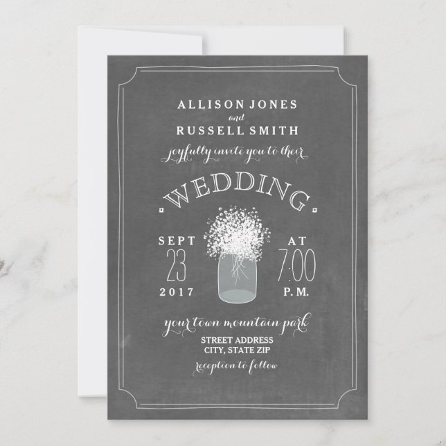 Chalkboard & Baby's Breath Mason Jar Wedding Invitation (Front)