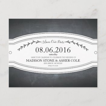 Chalkboard Badge Save-the-date Card by envelopmentswedding at Zazzle