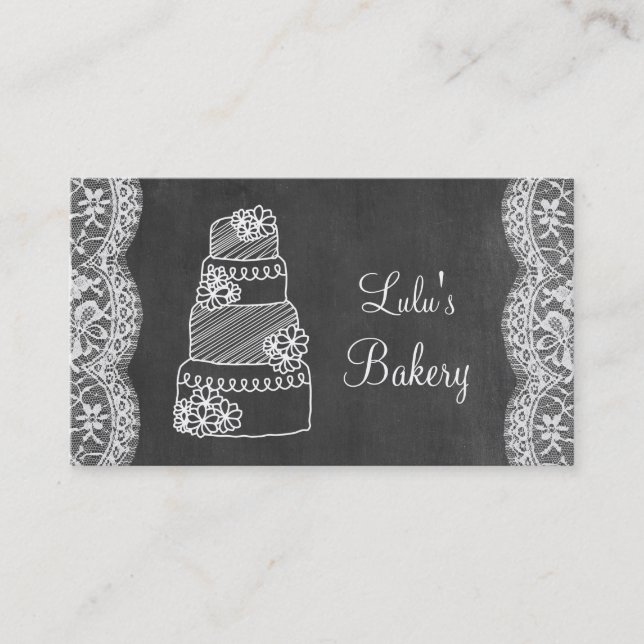 Chalkboard Bakery Business Card with Cake and Lace (Front)