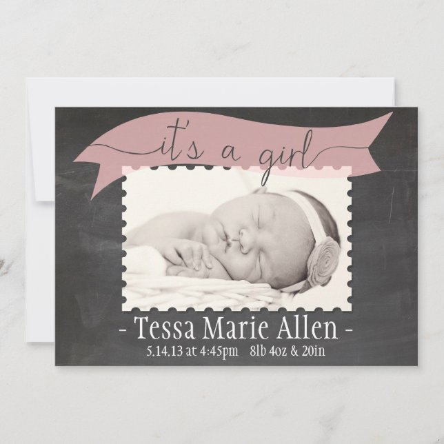 Chalkboard Banner girl birth announcement (Front)